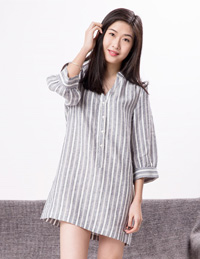 提花條紋麻棉睡裙