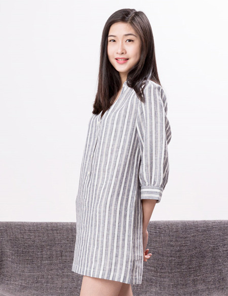 提花條紋麻棉睡裙