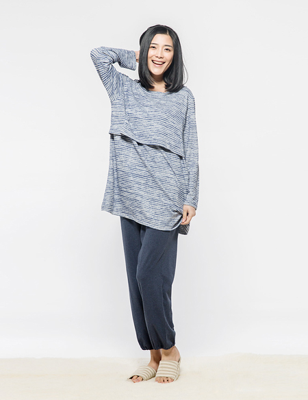 人棉彩條哺乳睡衣套