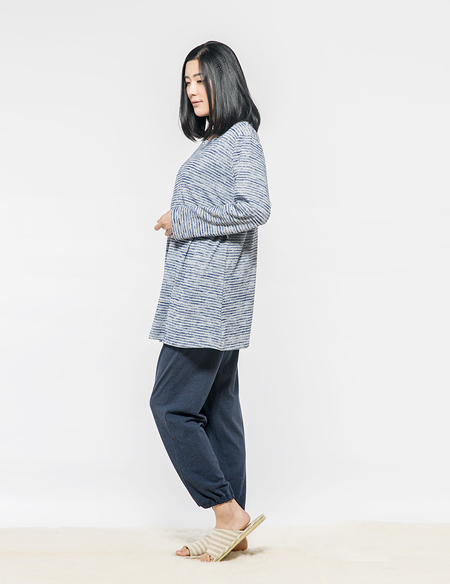 人棉彩條哺乳睡衣套