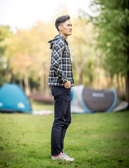 男士長袖帶帽格子襯衫