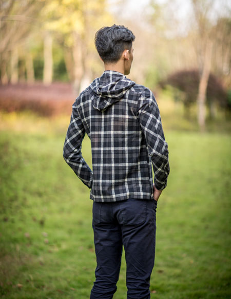 男士長袖帶帽格子襯衫